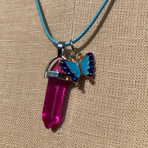 Handmade Dagger Hot Pink Resin Crystal Amulet Necklace & Butterfly Charm - Picture 5 of 7